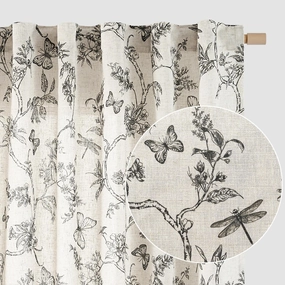 Lazzzy Linen Farmhouse Curtains Black Floral Curtains 63 Inch Length Back Tab Drapes for Living Room Bedroom Light Filtering Country Vintage Rod Pocket Curtain, 2 Panels, Black on Beige