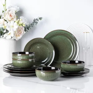 LERATIO Ceramic Dinnerware Sets,Handcraft Embossed Stoneware Plates and Bowls Sets,Highly Chip and Crack Resistant | Dishwasher & Microwave & Oven Safe Dishes set,Service for 4 (12pc)-Green