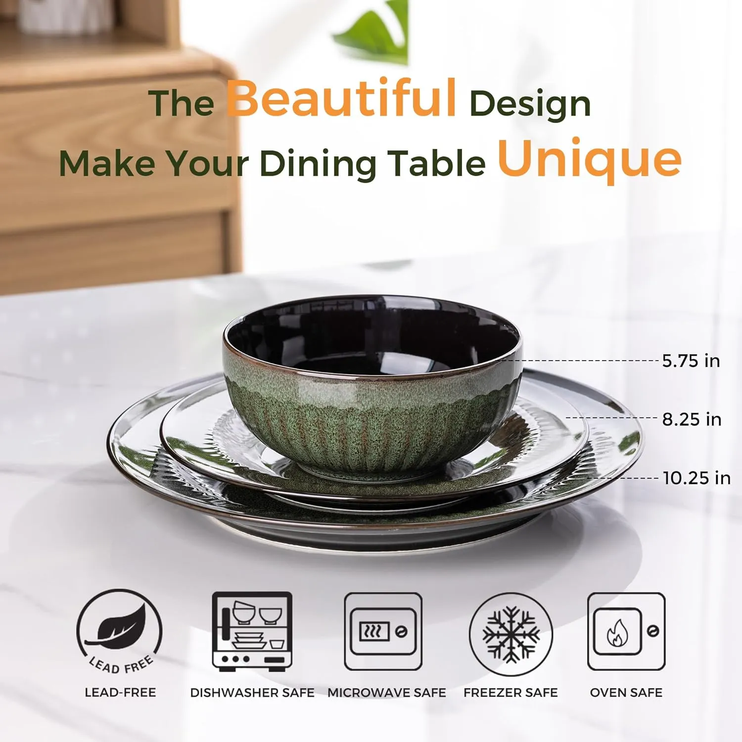 LERATIO Ceramic Dinnerware Sets,Handcraft Embossed Stoneware Plates and Bowls Sets,Highly Chip and Crack Resistant | Dishwasher & Microwave & Oven Safe Dishes set,Service for 4 (12pc)-Green