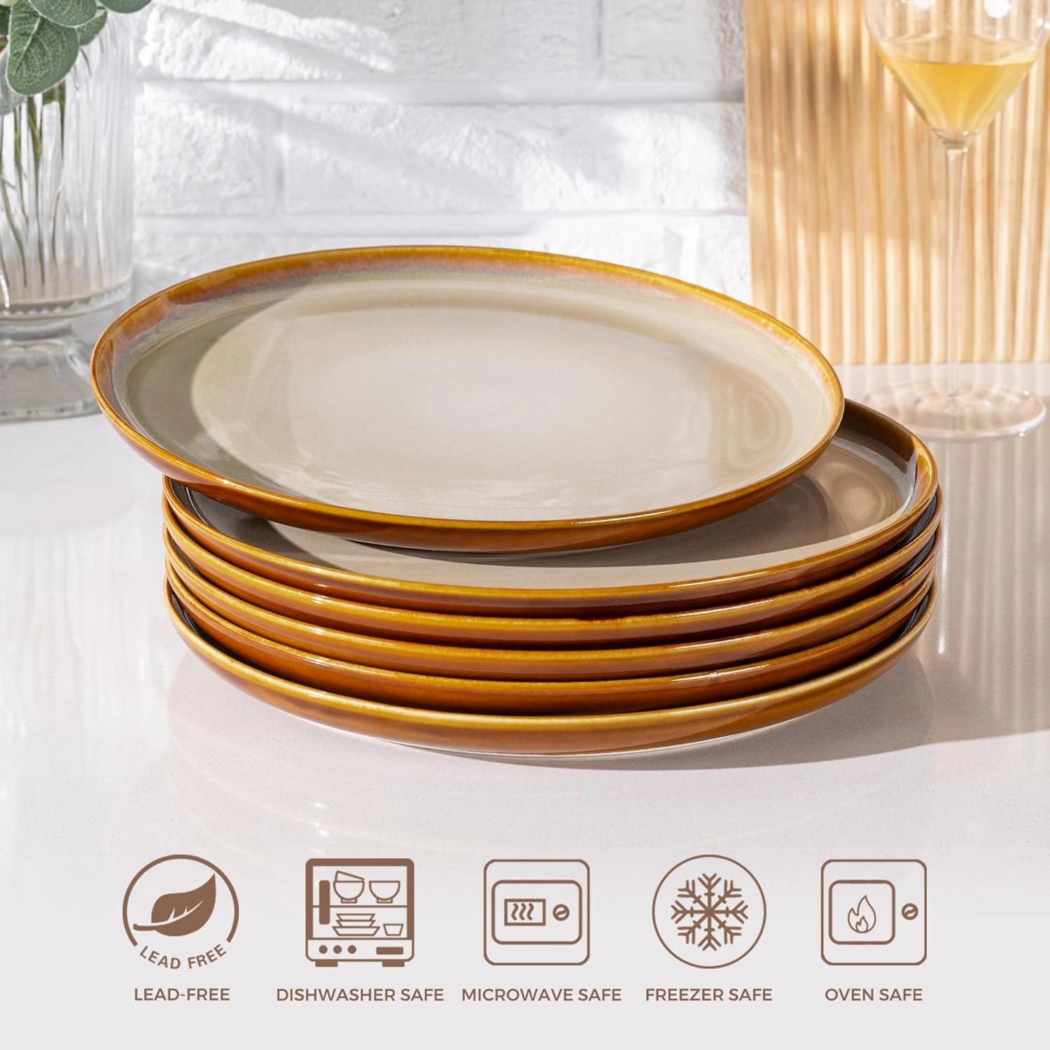 LERATIO Ceramic Dinner Plates Set of 6, 10.5 Inch Reactive Glaze Porcelain Plates, Modern Shape Dinnerware Dishes Set for Kitchen,Microwave&Dishwasher&Oven Safe, Scratch Resistant-Khaki