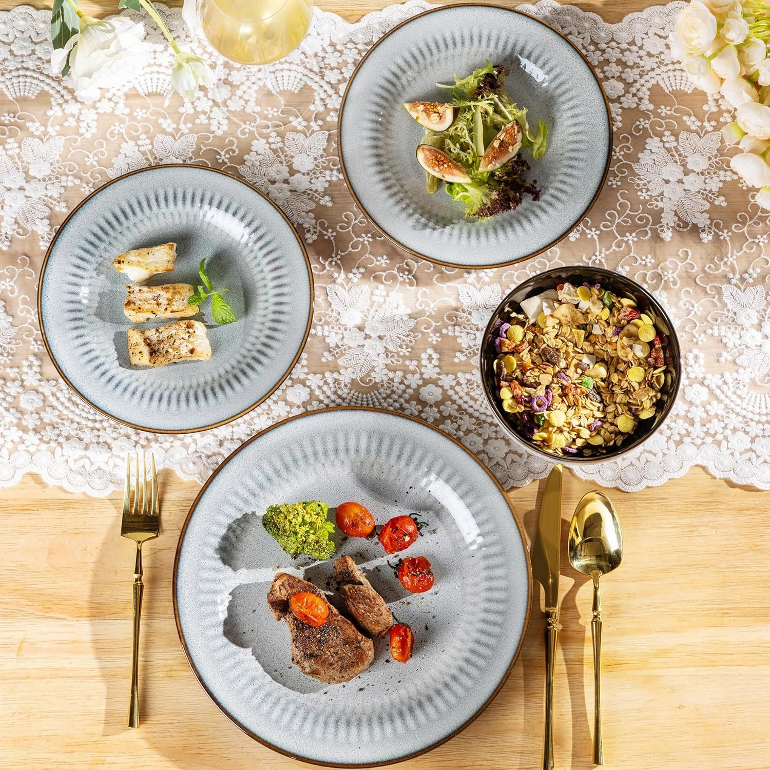 LERATIO Ceramic Dinnerware Sets,Handcraft Embossed Stoneware Plates and Bowls Sets,Highly Chip and Crack Resistant | Dishwasher & Microwave & Oven Safe Dishes set,Service for 4 (12pc)-Gray White