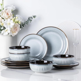 LERATIO Ceramic Dinnerware Sets,Handcraft Embossed Stoneware Plates and Bowls Sets,Highly Chip and Crack Resistant | Dishwasher & Microwave & Oven Safe Dishes set,Service for 4 (12pc)-Gray White