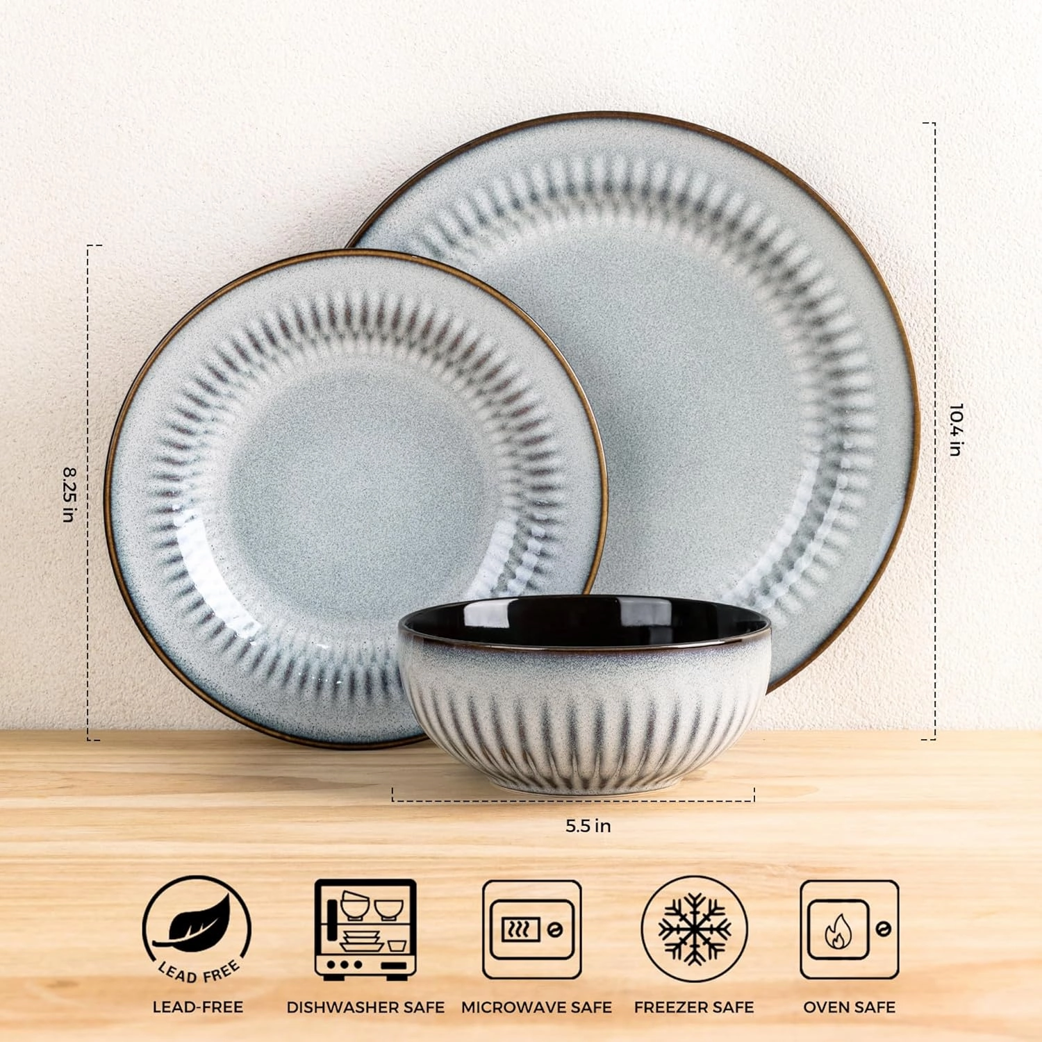 LERATIO Ceramic Dinnerware Sets,Handcraft Embossed Stoneware Plates and Bowls Sets,Highly Chip and Crack Resistant | Dishwasher & Microwave & Oven Safe Dishes set,Service for 4 (12pc)-Gray White