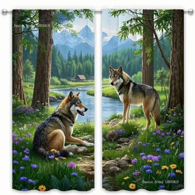 LHROOMJK Wolf Boy Girls Blackout Curtains, Natural Forest Forest Wildlife Hunting Jungle Cabin 2 Panel Rod Pocket Thermal Insulated Drapes, for Bedroom Living Kids Room Deco 84x72 inch