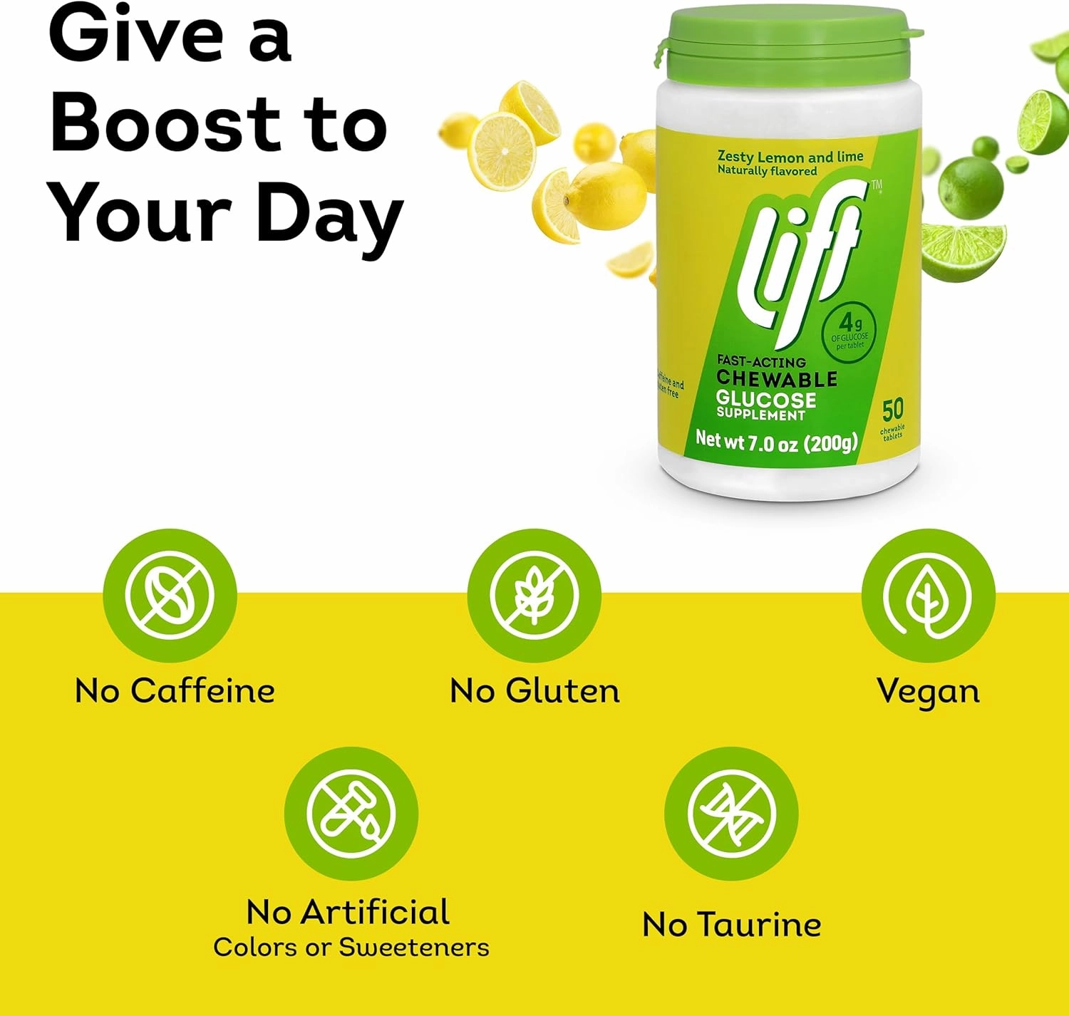 Lift Glucose Fast-Acting Glucose Chewable Energy Tablets, Lemon & Lime, 50 ct Jar (Pack of 6)