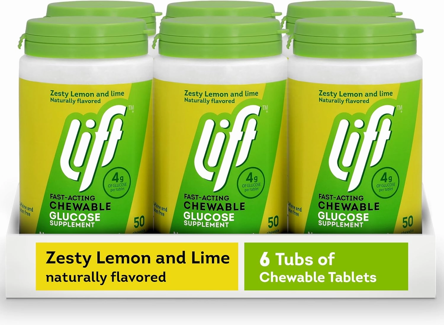 Lift Glucose Fast-Acting Glucose Chewable Energy Tablets, Lemon & Lime, 50 ct Jar (Pack of 6)