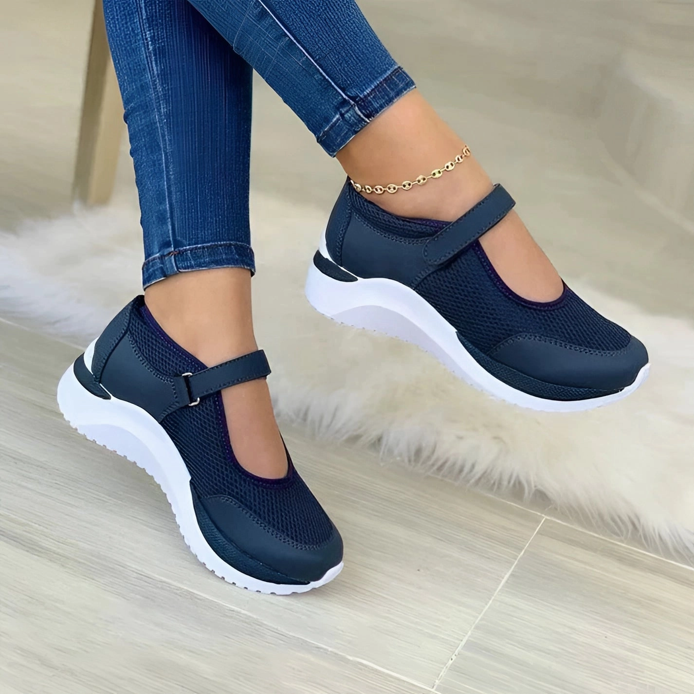 Lightweight Breathable Women's Sneakers - Pink & Gray Velcro Shoes