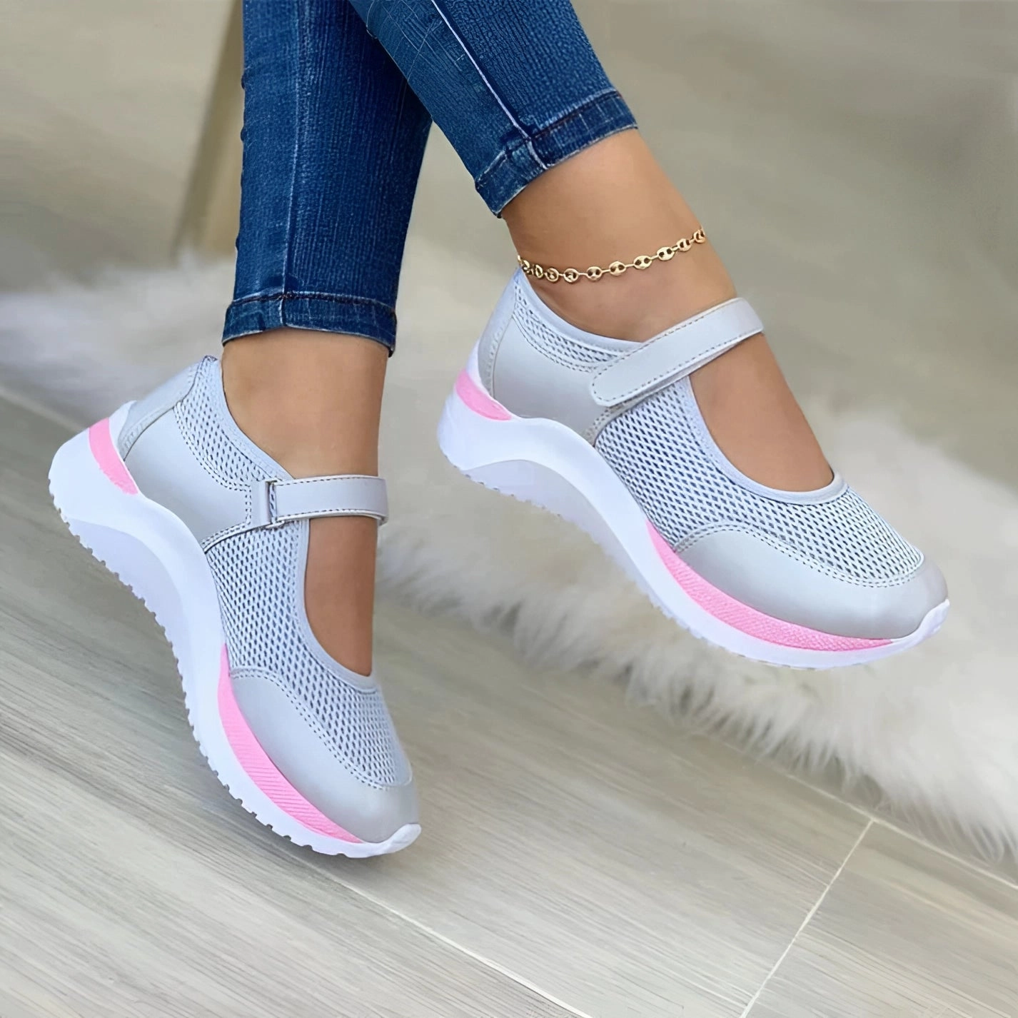 Lightweight Breathable Women's Sneakers - Pink & Gray Velcro Shoes