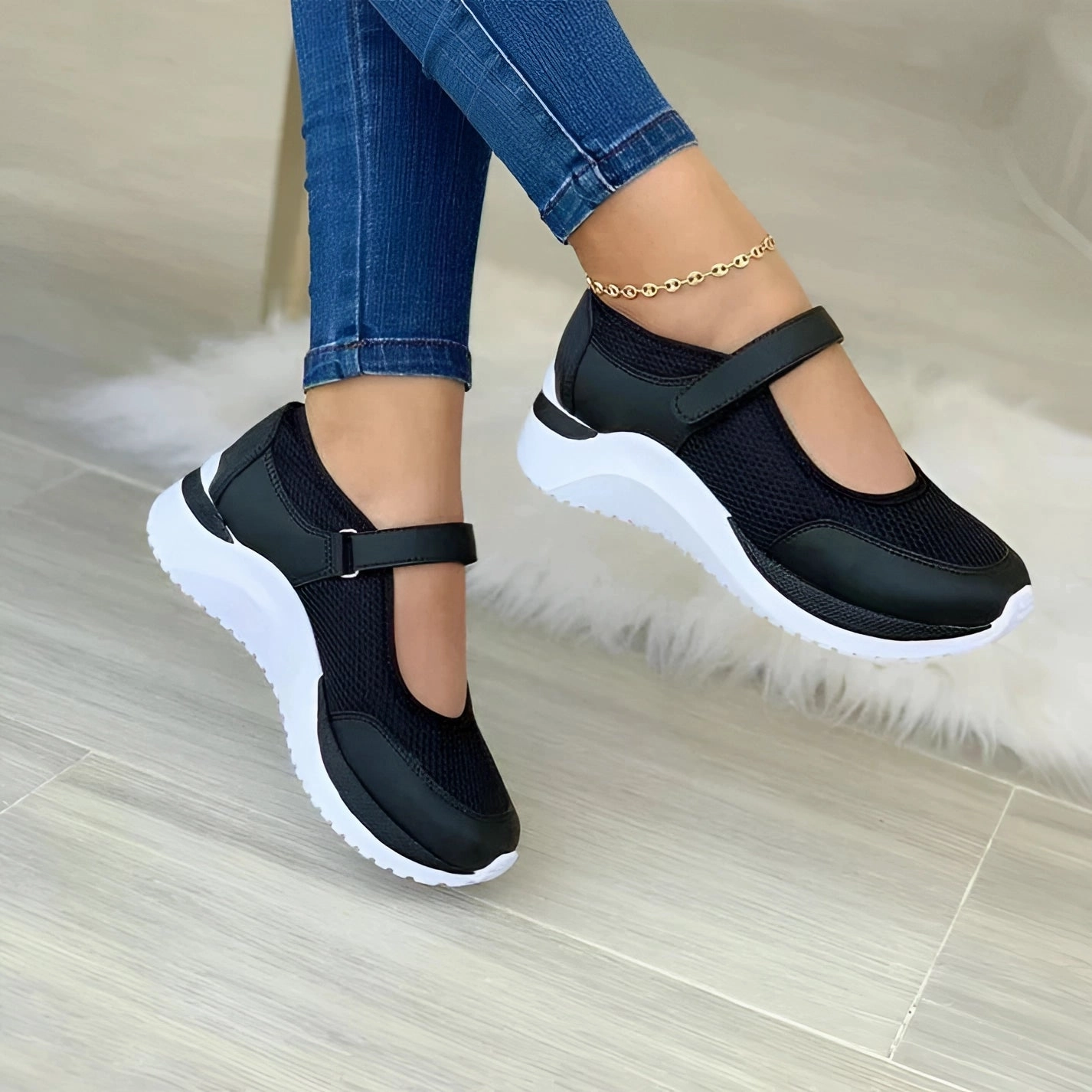 Lightweight Breathable Women's Sneakers - Pink & Gray Velcro Shoes