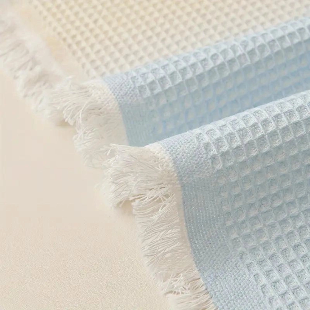 Lightweight Pastel Blue Bedspread - Textured Cotton & Fringed Blanket