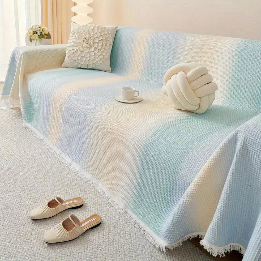 Lightweight Pastel Blue Bedspread - Textured Cotton & Fringed Blanket