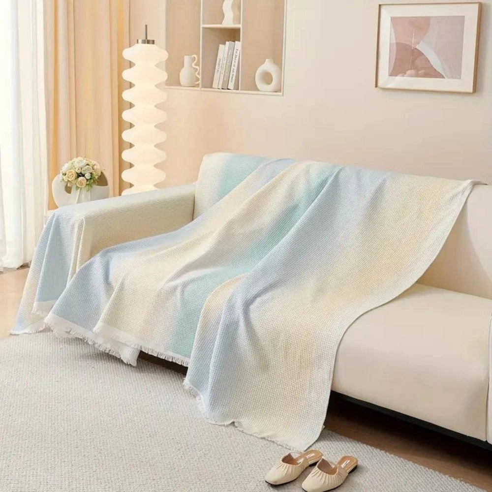Lightweight Pastel Blue Bedspread - Textured Cotton & Fringed Blanket