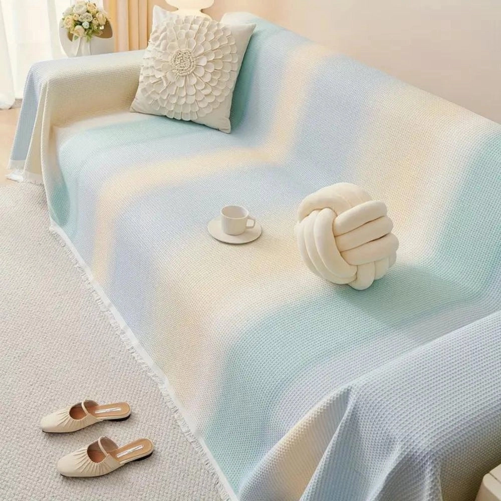 Lightweight Pastel Blue Bedspread - Textured Cotton & Fringed Blanket