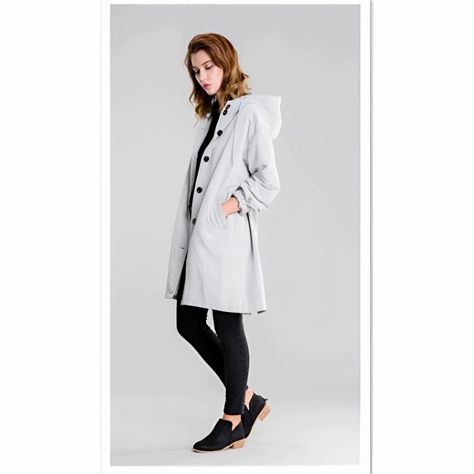 Lightweight Women's Hooded Gray Trench Coat - Button-Up Spring Raincoat