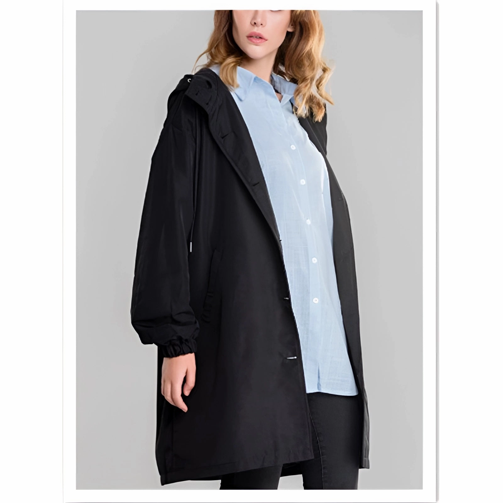 Lightweight Women's Hooded Gray Trench Coat - Button-Up Spring Raincoat