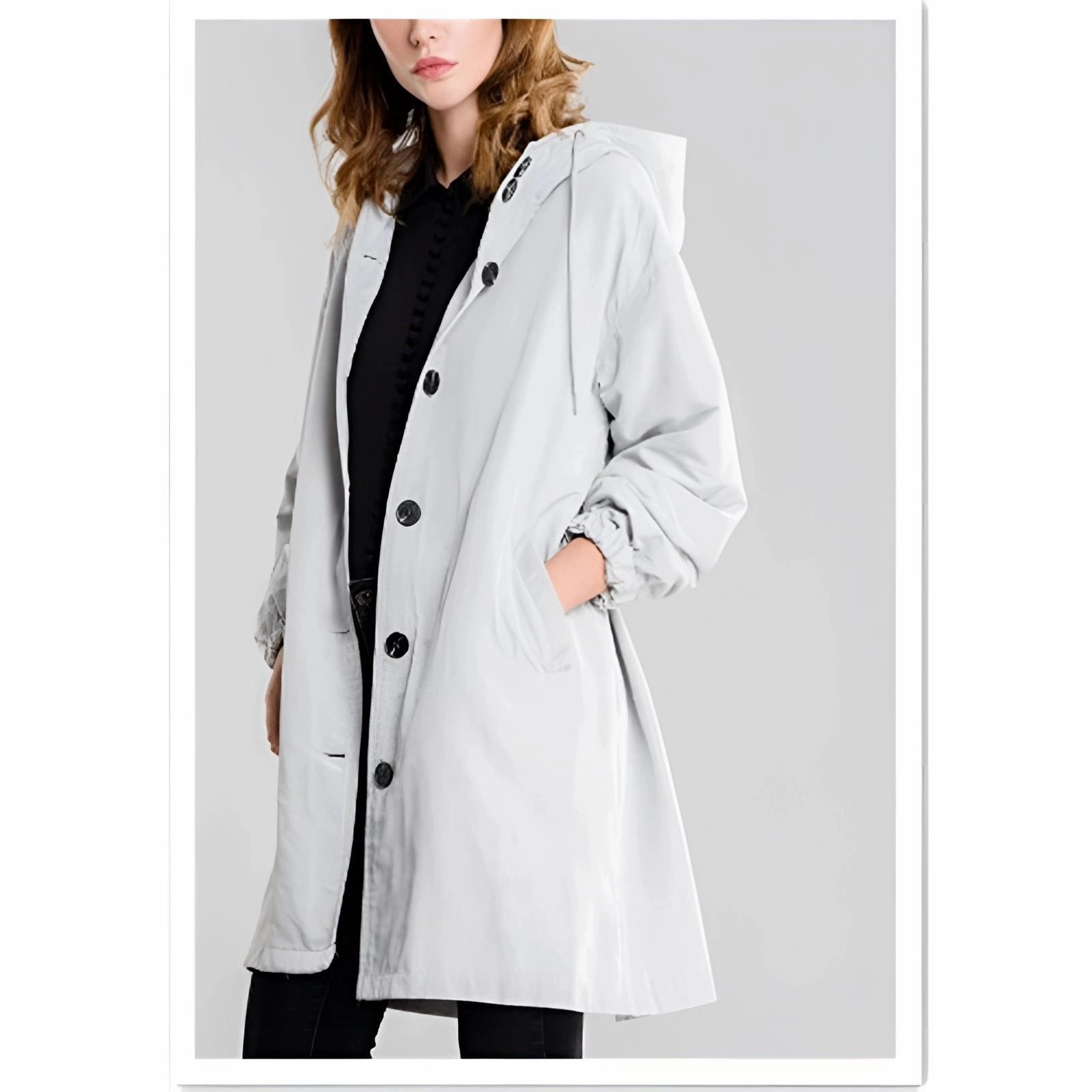 Lightweight Women's Hooded Gray Trench Coat - Button-Up Spring Raincoat