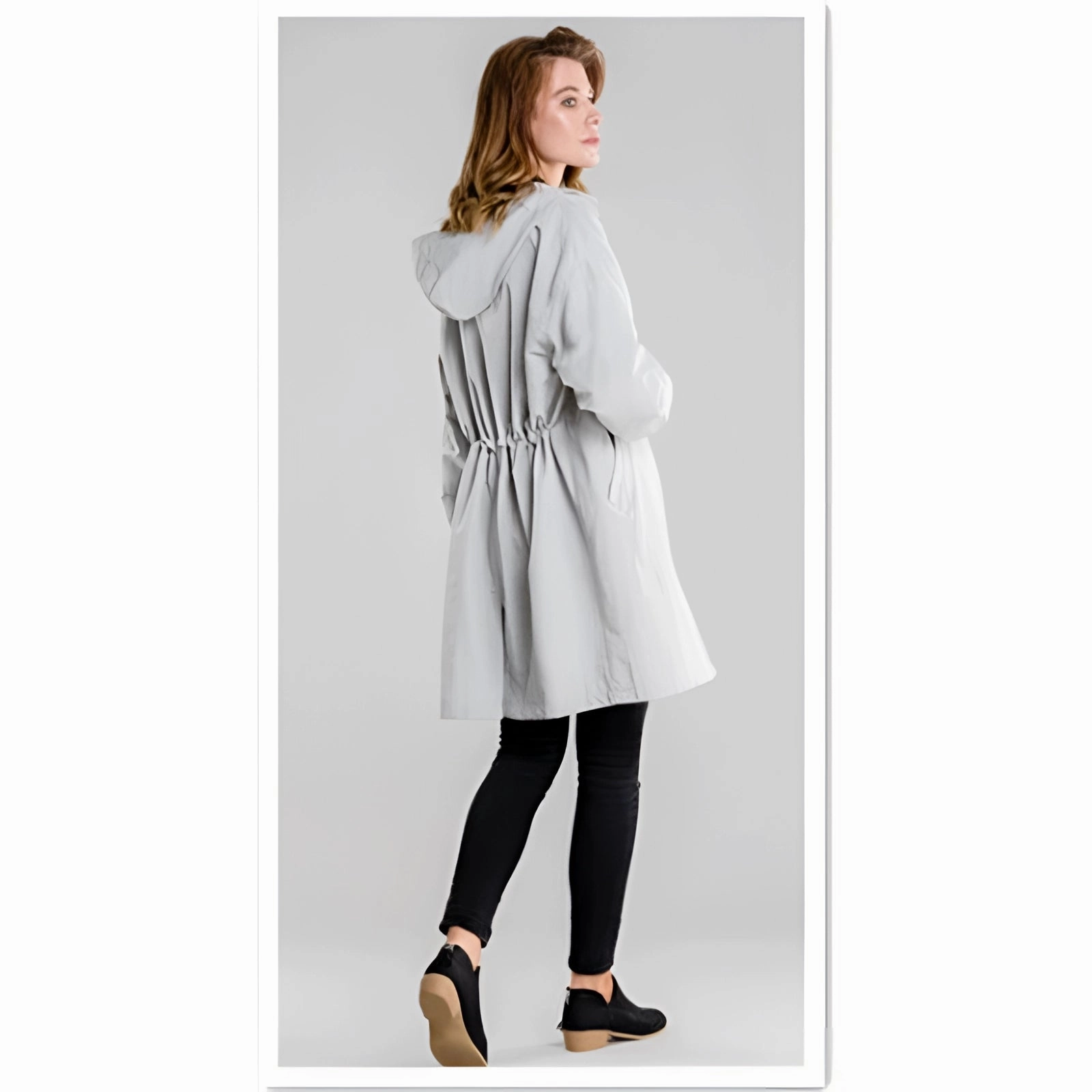 Lightweight Women's Hooded Gray Trench Coat - Button-Up Spring Raincoat