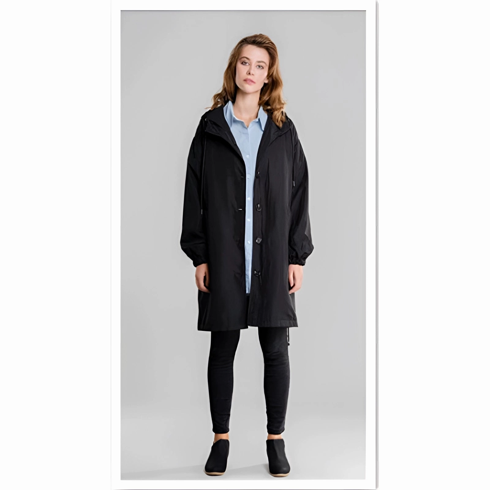 Lightweight Women's Hooded Gray Trench Coat - Button-Up Spring Raincoat