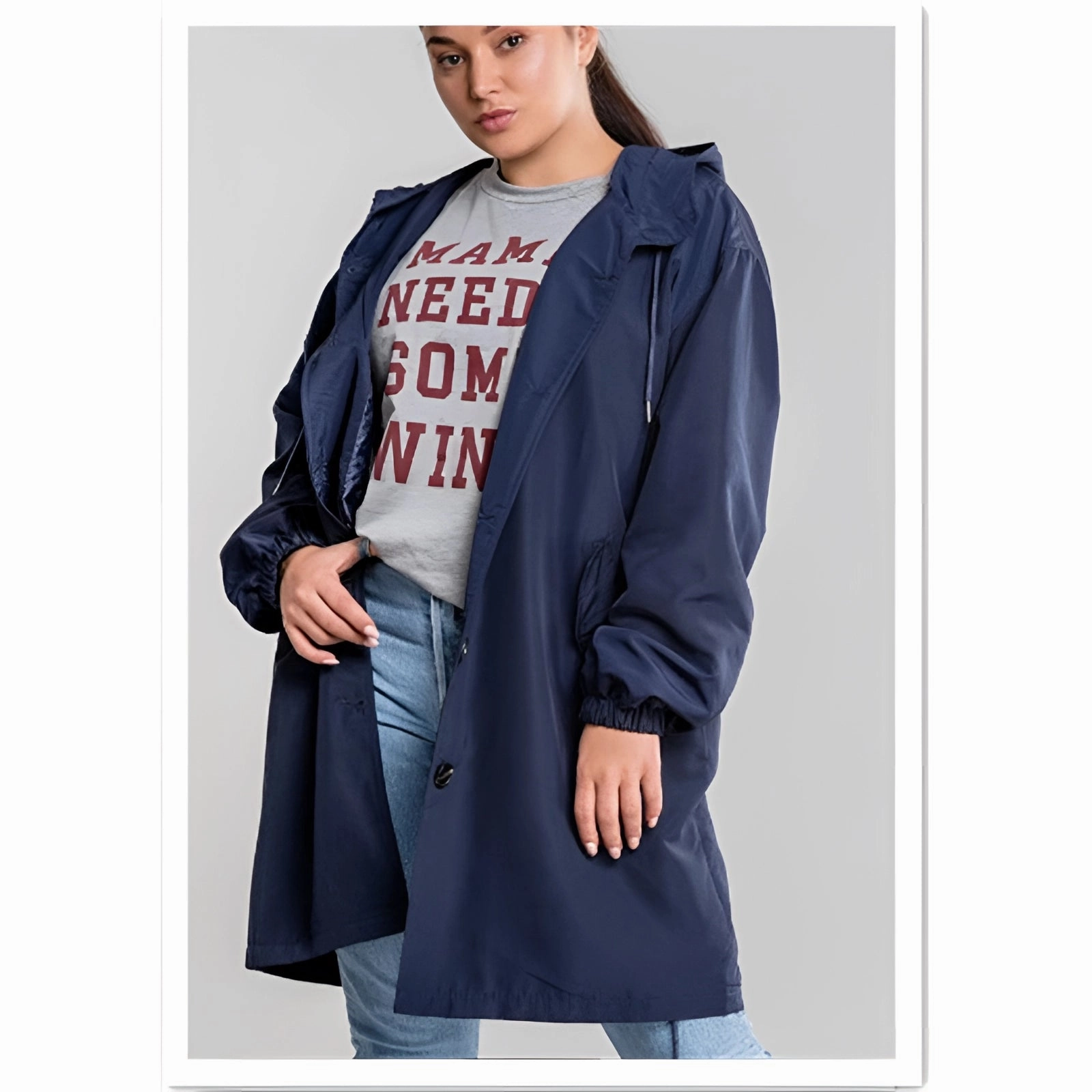 Lightweight Women's Hooded Gray Trench Coat - Button-Up Spring Raincoat