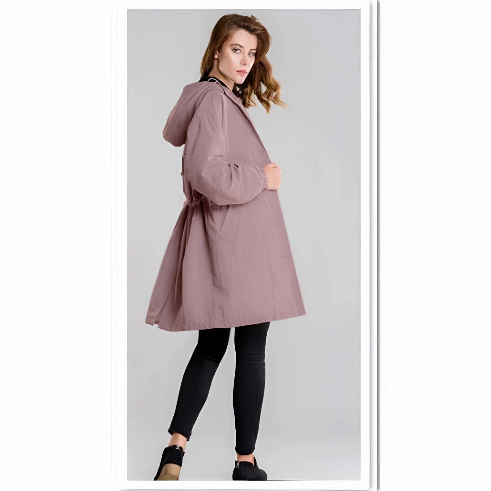 Lightweight Women's Hooded Gray Trench Coat - Button-Up Spring Raincoat