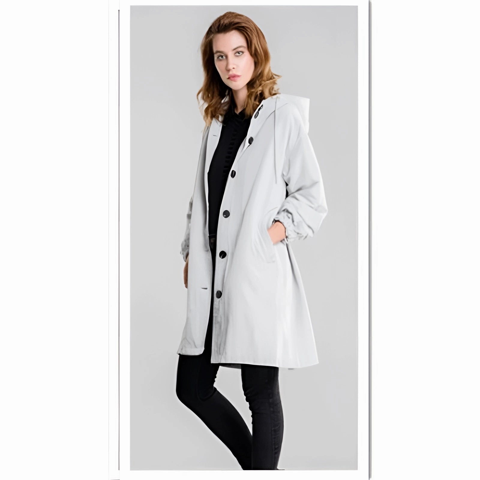 Lightweight Women's Hooded Gray Trench Coat - Button-Up Spring Raincoat