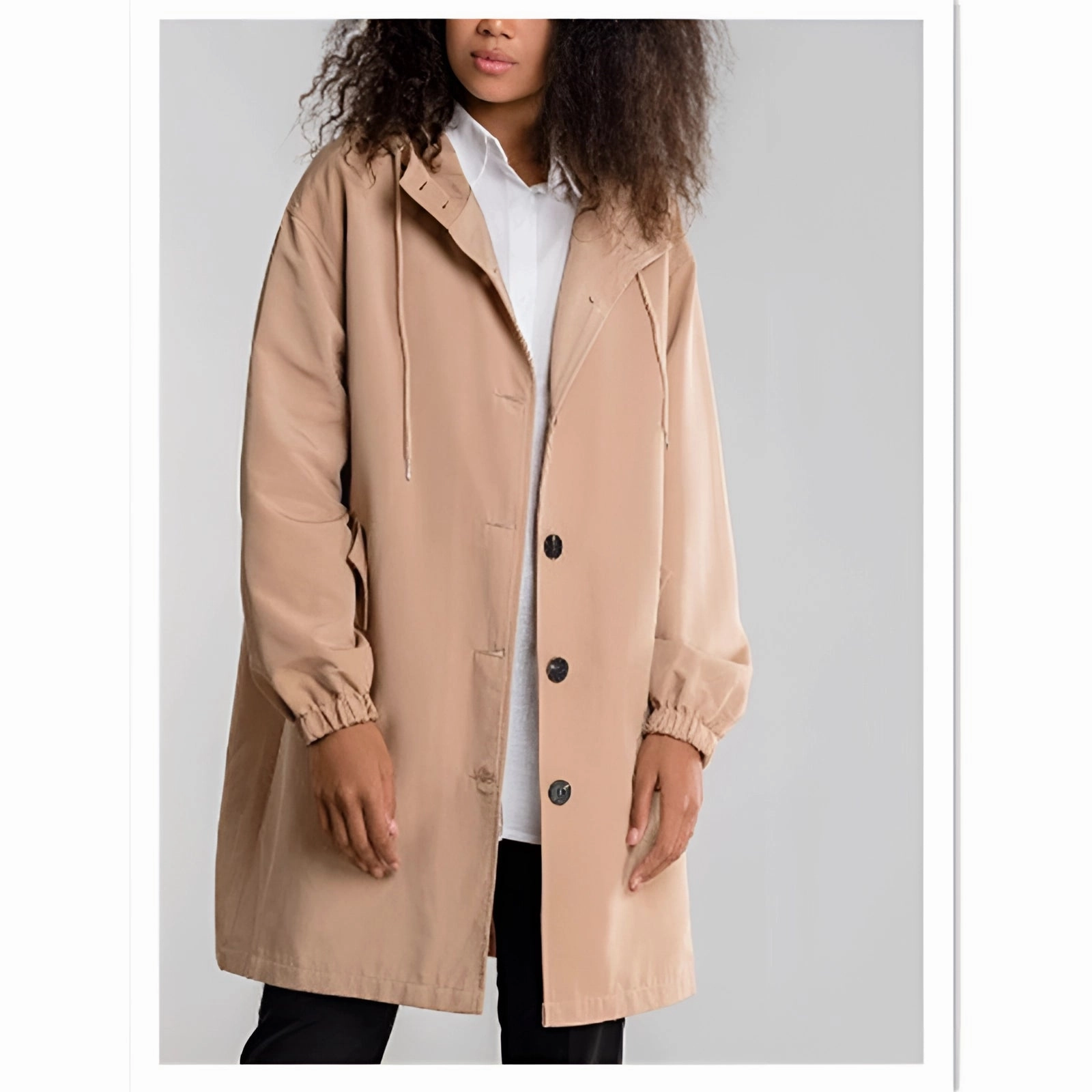Lightweight Women's Hooded Gray Trench Coat - Button-Up Spring Raincoat