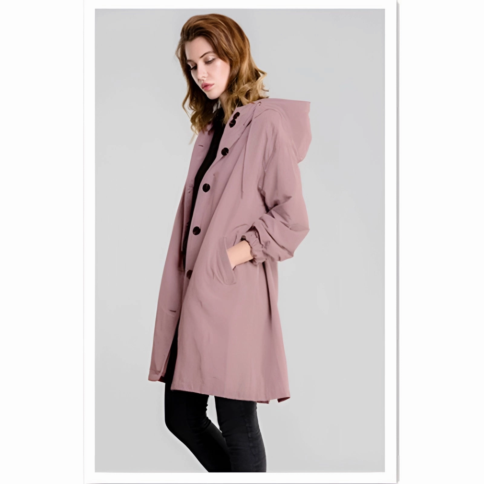 Lightweight Women's Hooded Gray Trench Coat - Button-Up Spring Raincoat
