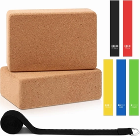 Liliful 2 Pack Cork Yoga Block with Strap and 5 Pcs Resistance Bands Exercise Bands 9 x 6 x 3 Inch Natural Yoga Block Set for Women Men Exercise Stretching Fitness Workout Pilates