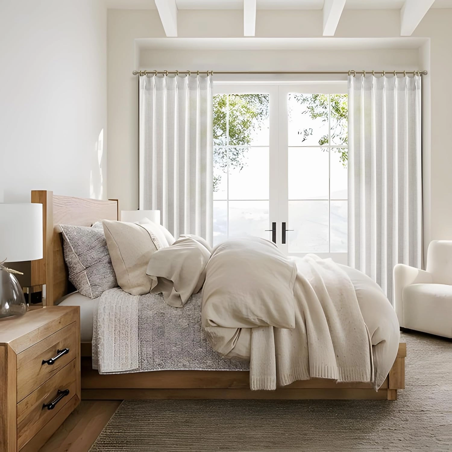 Linen Curtains 90 Inches Long 2 Panels Set, Light Filtering Luxury Curtains for Living Room/Sunroom Pinch Pleated Viral Heavy Duty Drapes Beige White Sheer Back Tab (W40 xL90)