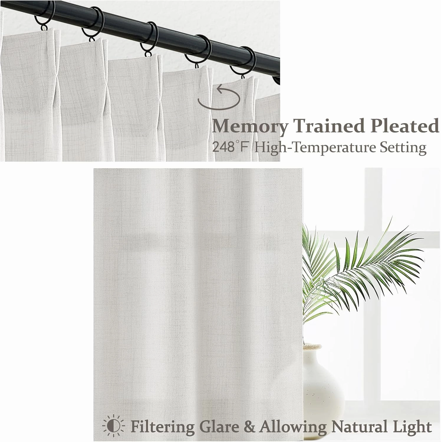Linen Curtains 90 Inches Long 2 Panels Set, Light Filtering Luxury Curtains for Living Room/Sunroom Pinch Pleated Viral Heavy Duty Drapes Beige White Sheer Back Tab (W40 xL90)