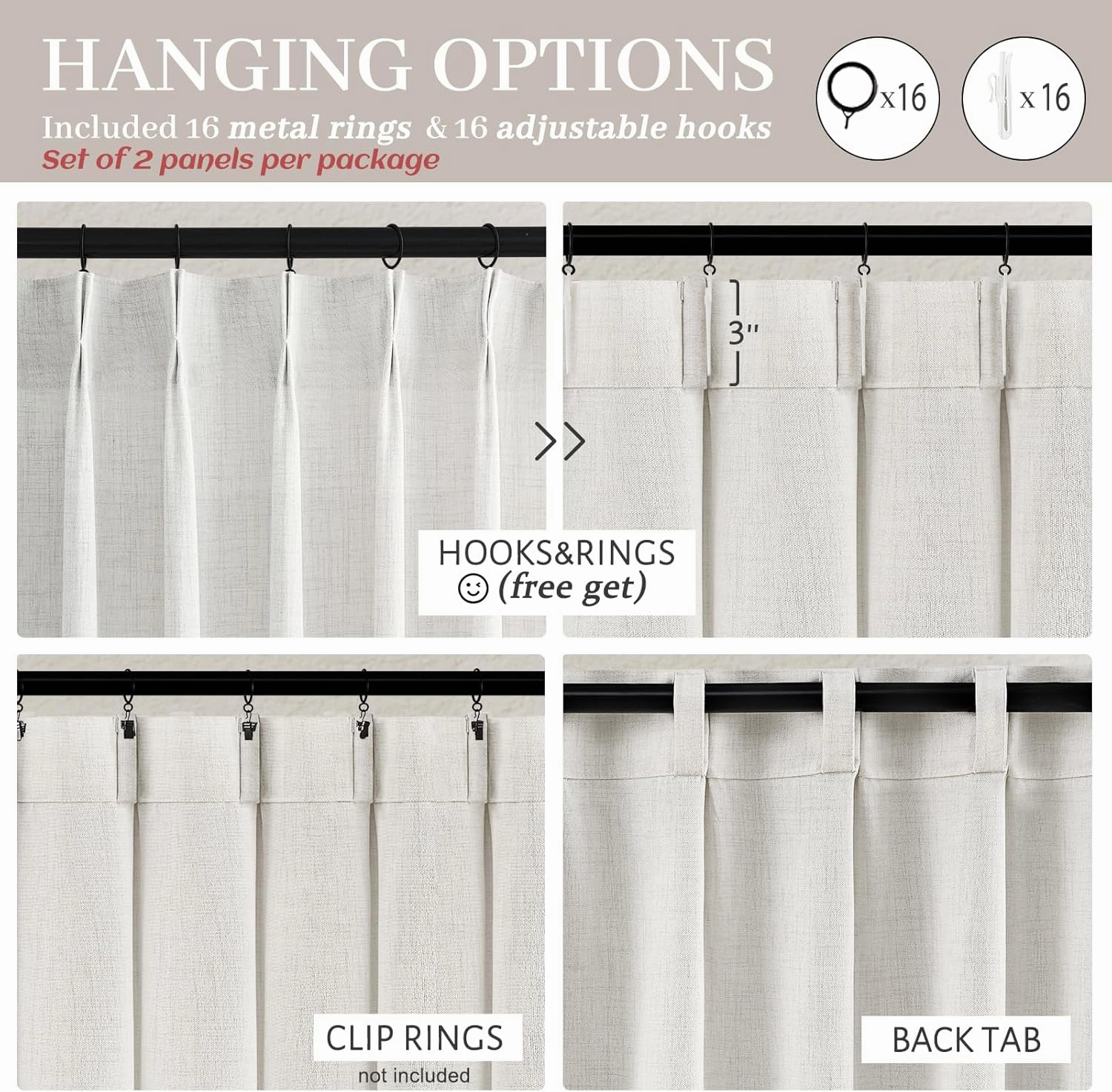 Linen Curtains 90 Inches Long 2 Panels Set, Light Filtering Luxury Curtains for Living Room/Sunroom Pinch Pleated Viral Heavy Duty Drapes Beige White Sheer Back Tab (W40 xL90)