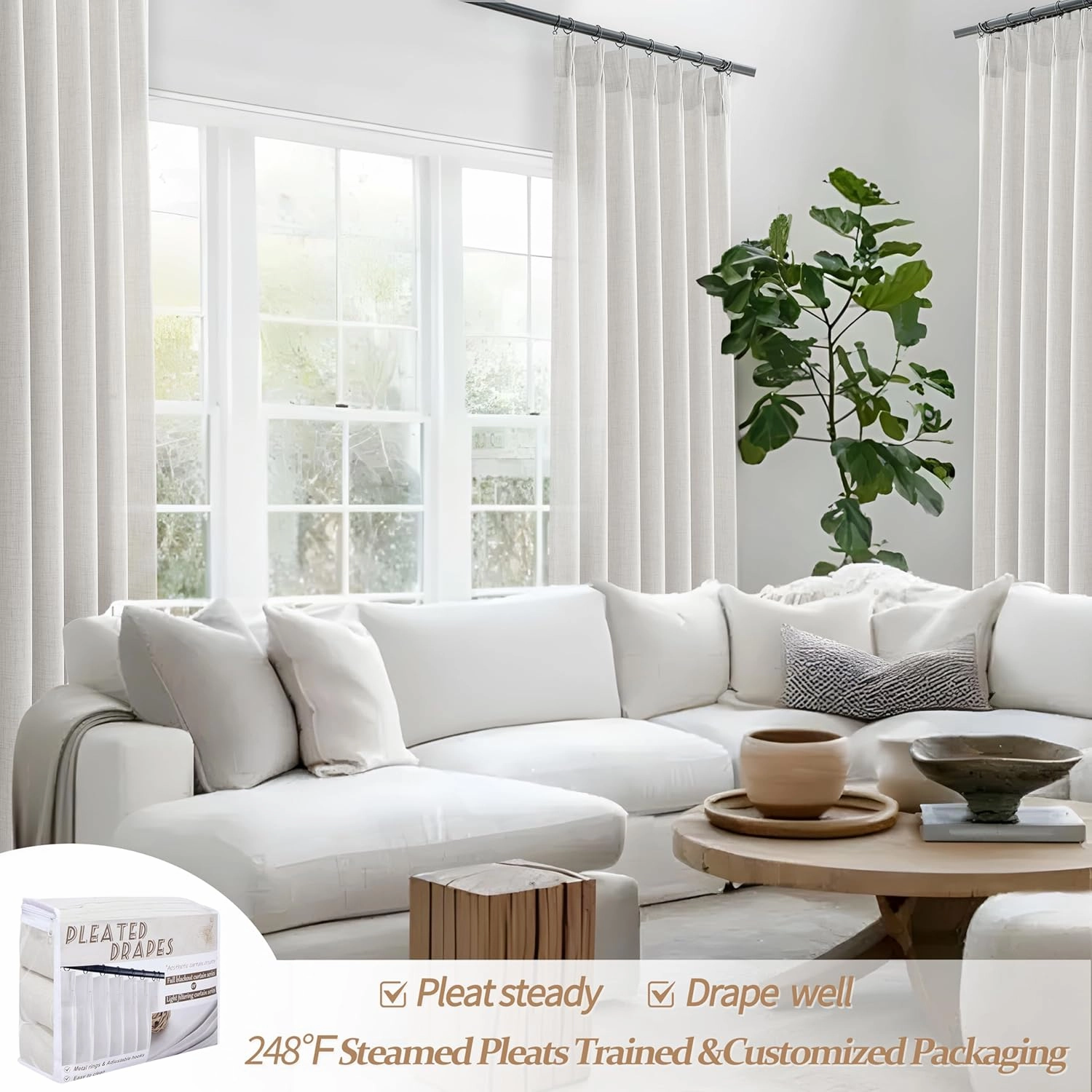 Linen Curtains 90 Inches Long 2 Panels Set, Light Filtering Luxury Curtains for Living Room/Sunroom Pinch Pleated Viral Heavy Duty Drapes Beige White Sheer Back Tab (W40 xL90)