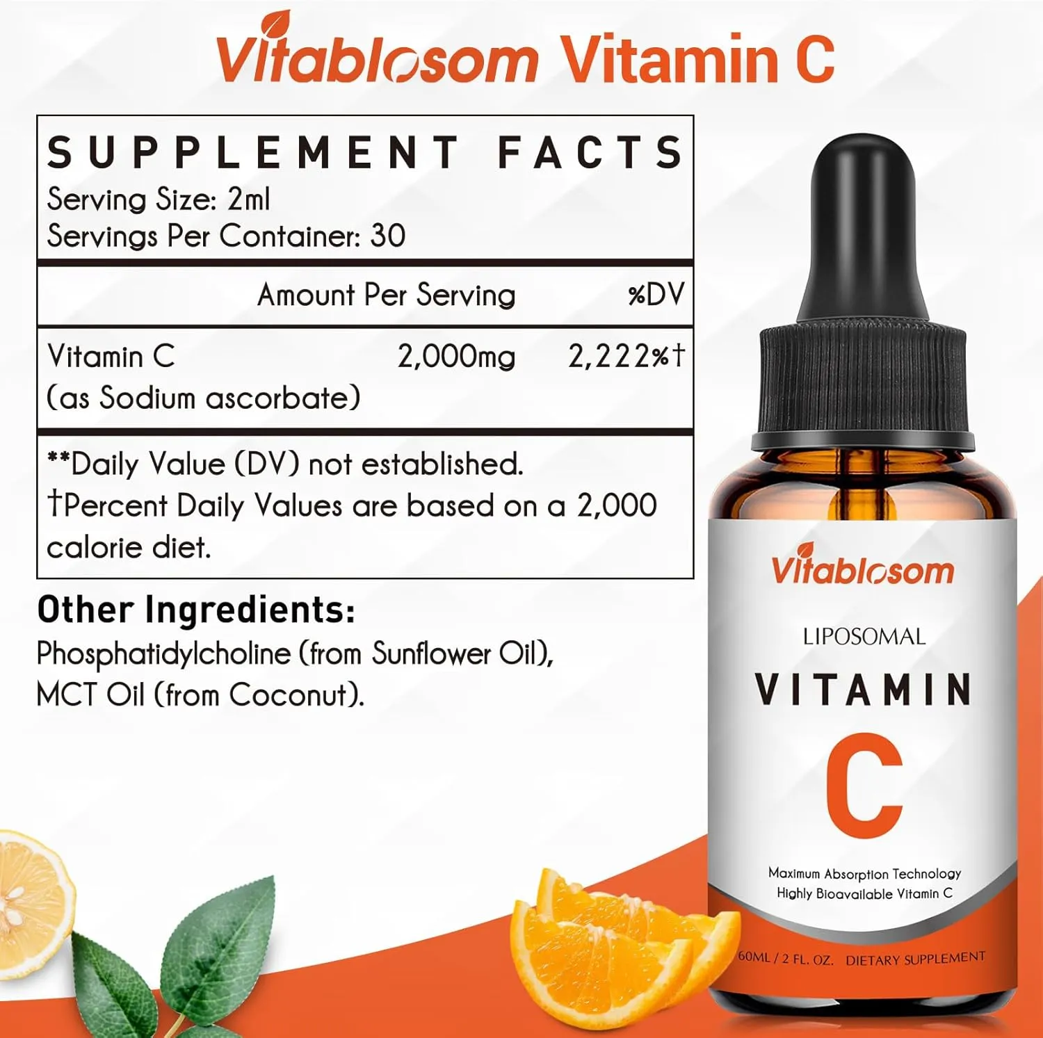 Liposomal Vitamin C 2000mg Liquid for Adults, High Absorption VIT C, Maximize Vitamin C, for Immune System & Antioxidant, 60ML (2 Bottles)