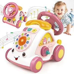 Love&Mini Baby Musical Toys for 1 Year Old Girl - Crawling Steering Wheel Toys with Car, Telephone, Lights & Sounds - Multi-Functional Educational Gifts for 18  Months Old Girls Birthday Xmas