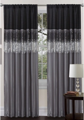 Lush Decor Night Sky Window Curtain Panel, Single, 42" W x 84" L, Silver & Black - Sequin Curtains - Sparkle & Color Block Design - Modern Glam Decor - Long Curtains For Bedroom & Living Room