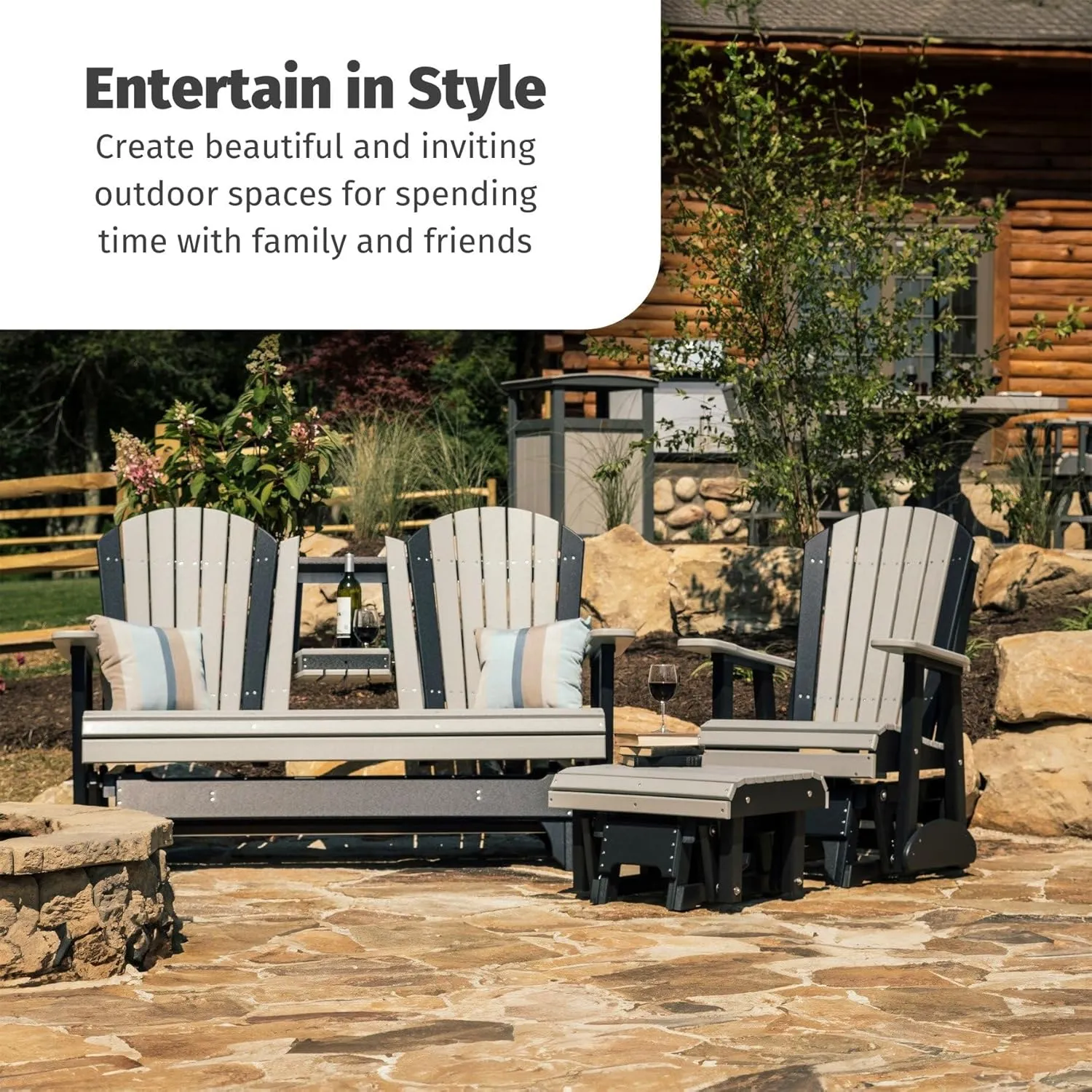 LuxCraft 2' Adirondack Glider Chair, Outdoor Patio Rocking Glider, Gliding Rocker for Outside (Black)