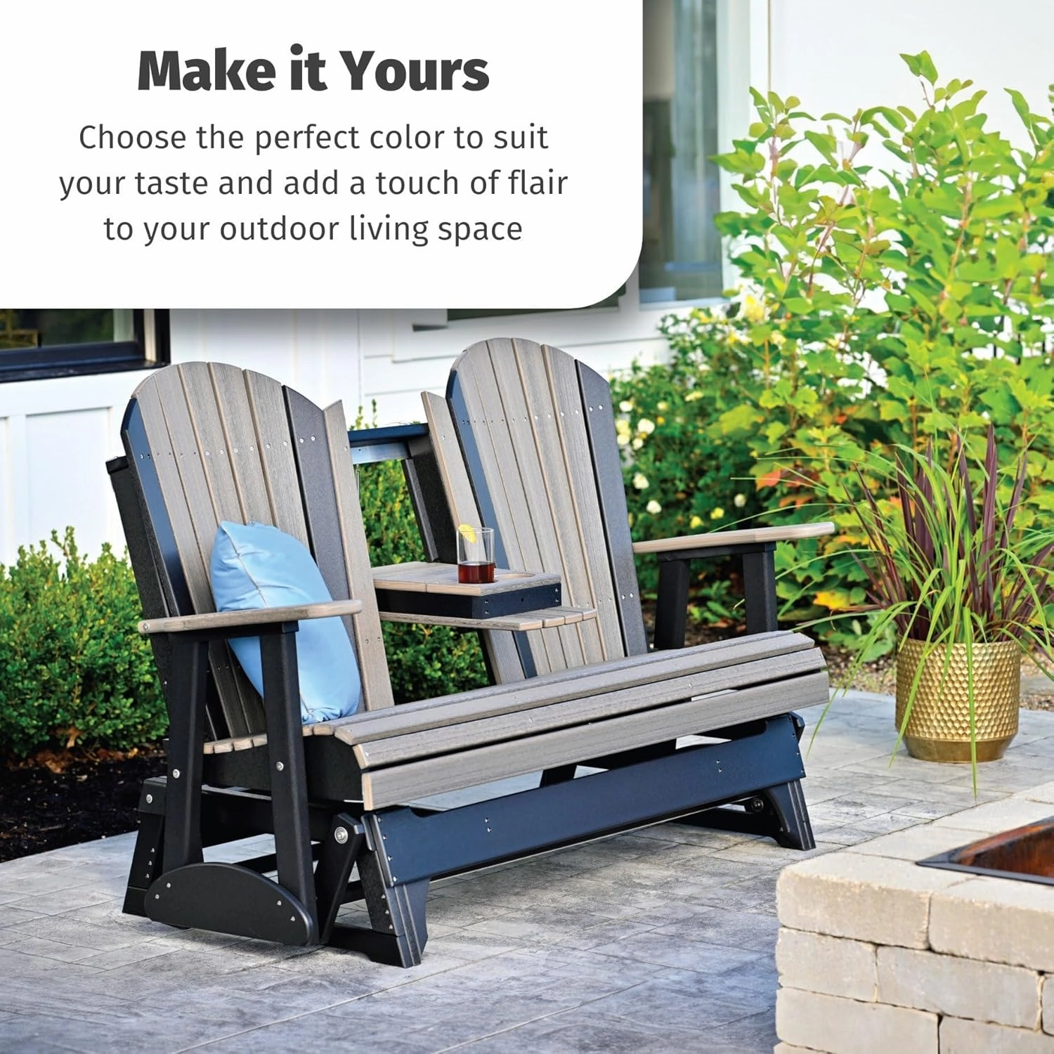 LuxCraft 5' Adirondack Double Glider Bench, 2 Person Outdoor Glider Chair, Outdoor Gliding Loveseat (Coastal Gray)