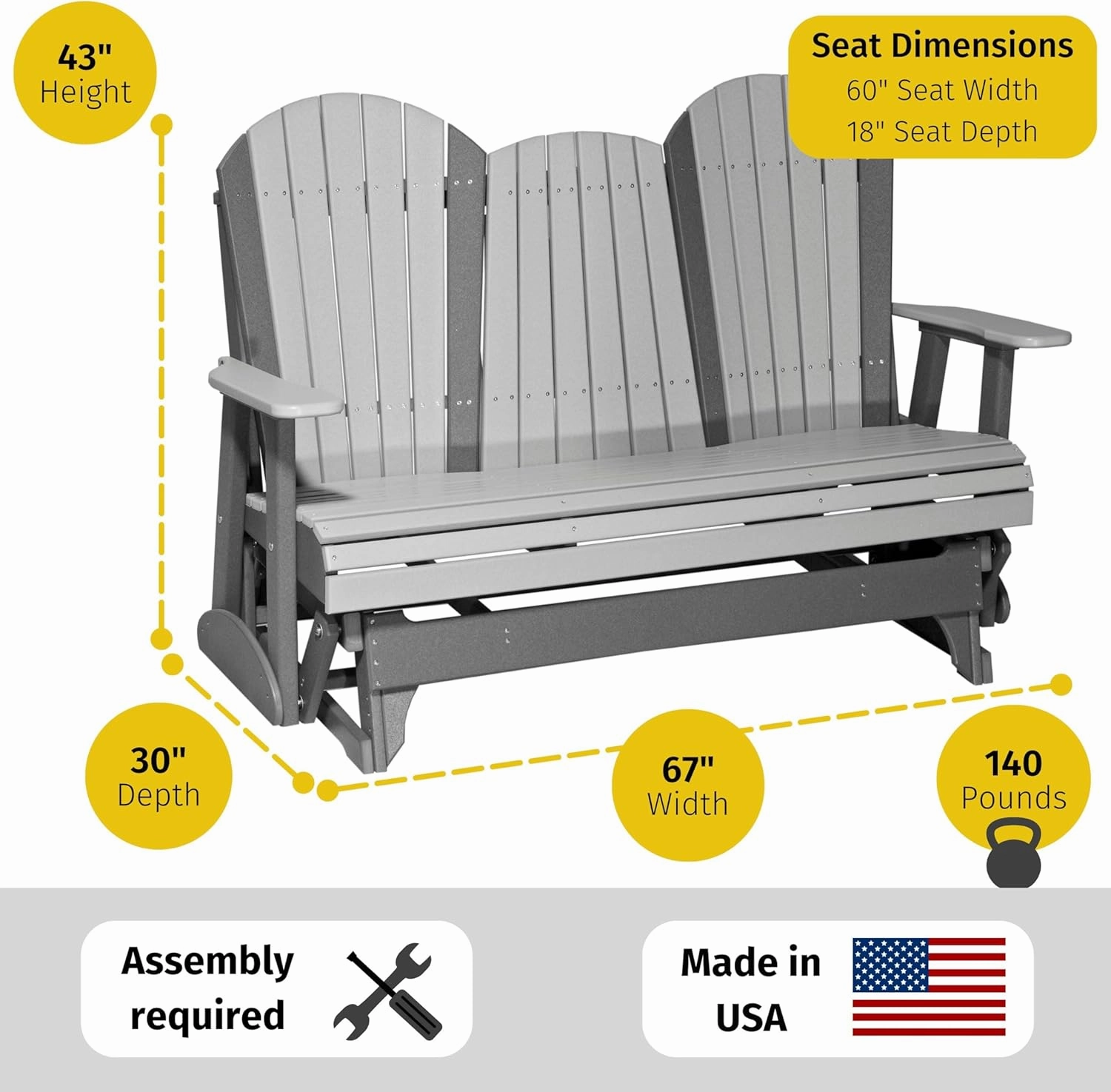 LuxCraft 5' Adirondack Double Glider Bench, 2 Person Outdoor Glider Chair, Outdoor Gliding Loveseat (Coastal Gray)