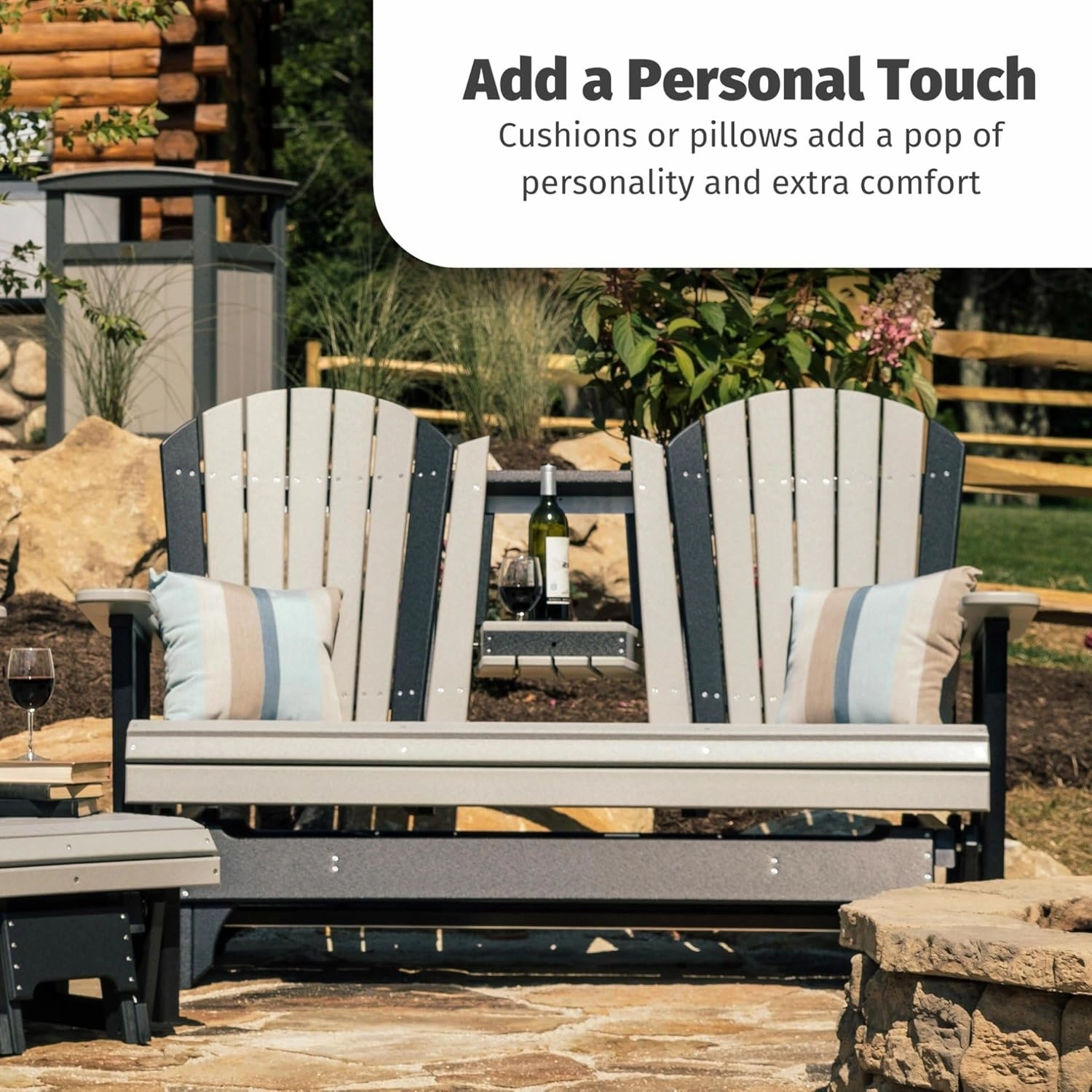 LuxCraft 5' Adirondack Double Glider Bench, 2 Person Outdoor Glider Chair, Outdoor Gliding Loveseat (Coastal Gray)