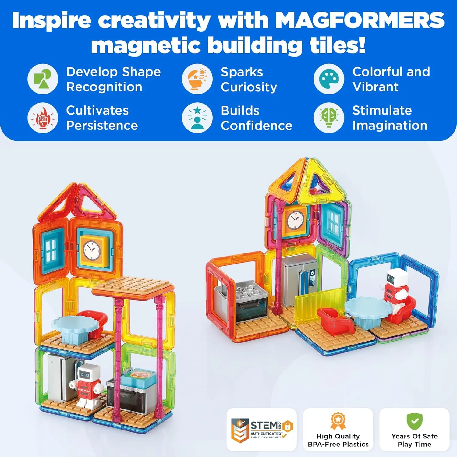 MAGFORMERS Minibot Kitchen Set, Rainbow Colors, Educational Magnetic Geometric Shapes Tiles Building STEM Toy Set Ages 3 