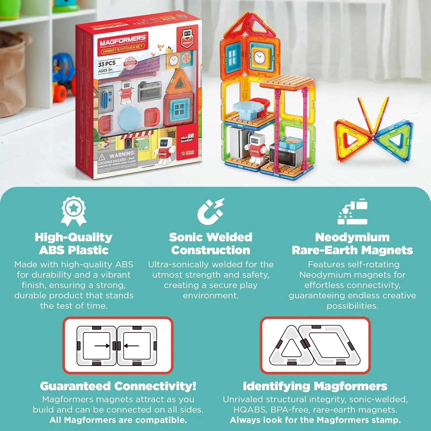 MAGFORMERS Minibot Kitchen Set, Rainbow Colors, Educational Magnetic Geometric Shapes Tiles Building STEM Toy Set Ages 3 
