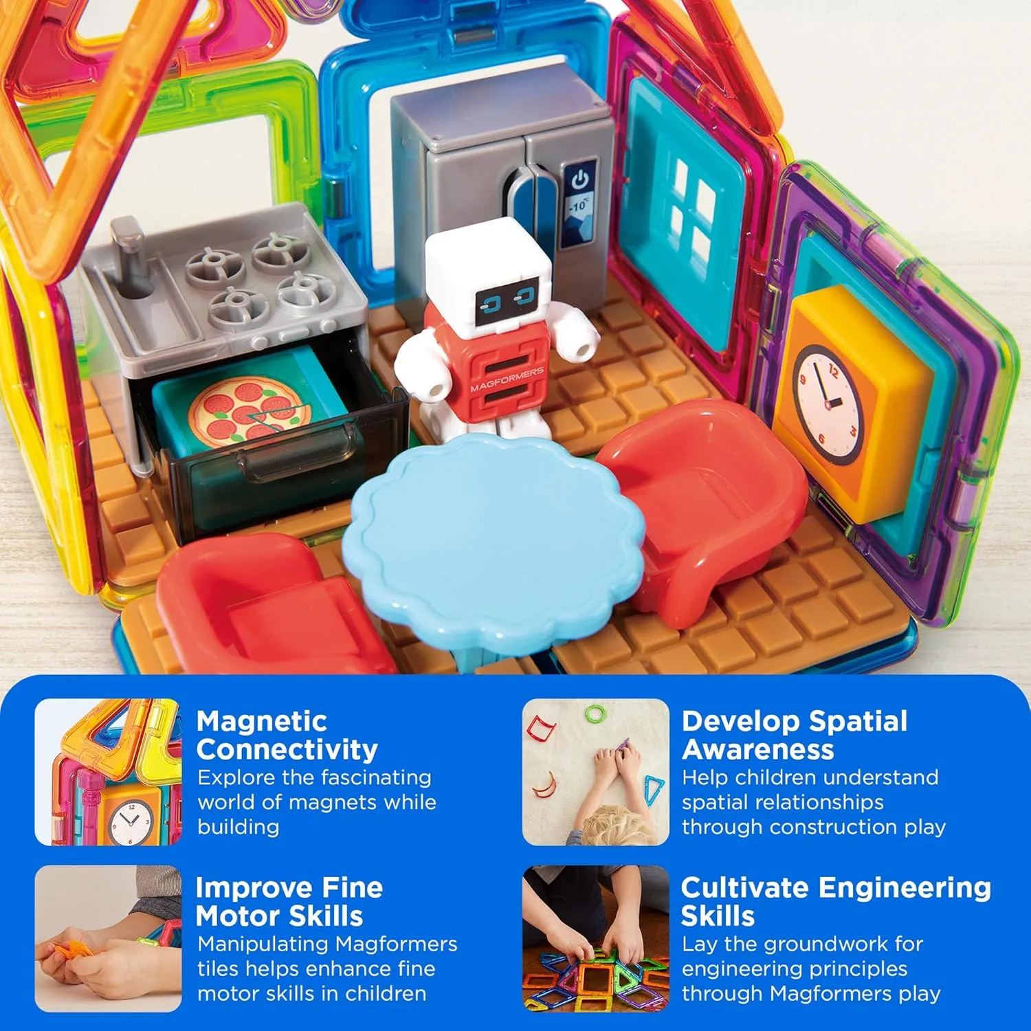MAGFORMERS Minibot Kitchen Set, Rainbow Colors, Educational Magnetic Geometric Shapes Tiles Building STEM Toy Set Ages 3 