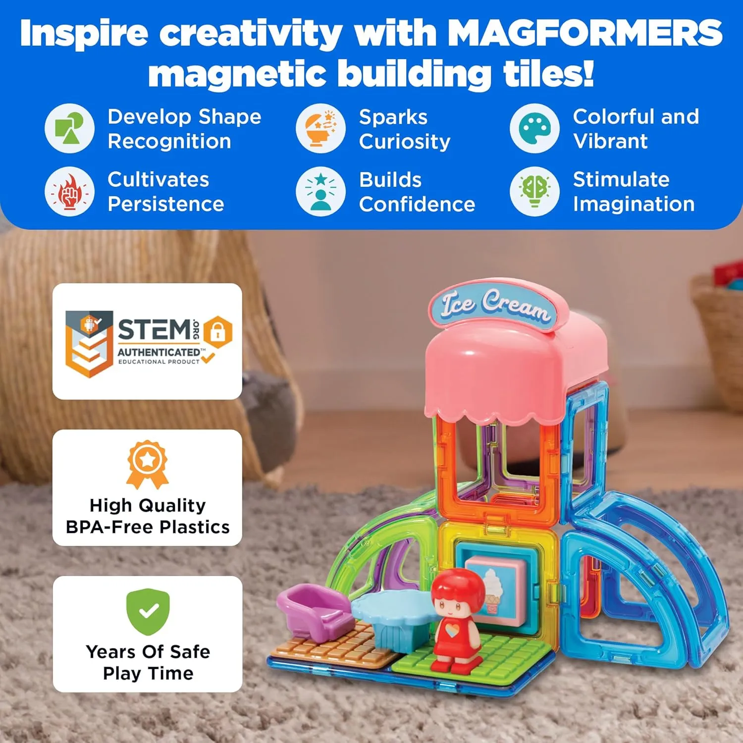 Magformers - Town Ice Cream Shop Set, Multicolor, Magnetic Building Tiles, Blocks - Educational Magnetic Building STEM Toy