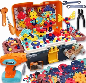 Magic Montessori Play Toolbox, Design and Drill Toy, Kids Tool Set Box Kit for Toddler 3-5 Drill and Screw Toys, Building STEM Educational Kids Real Power Tools Toy for Boy Girl