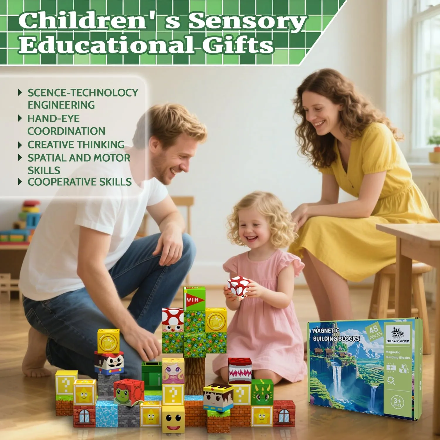 Magnetic Blocks, 48PCS Magnetic Tiles Building Blocks, Magnet Cubes STEM Sensory Game Toys Christmas Birthday Gifts for Kids Boys Girls Age 3  (Forest)