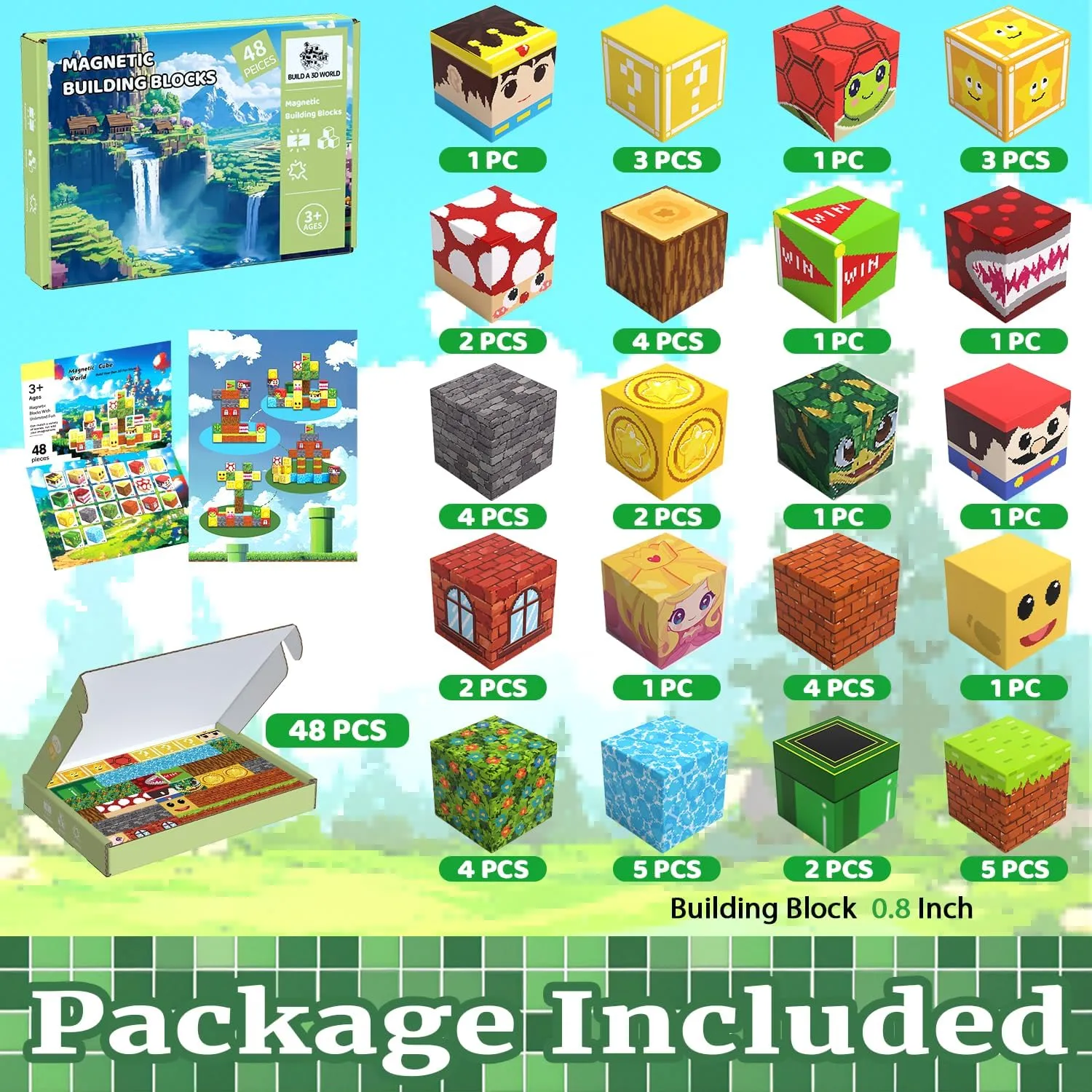 Magnetic Blocks, 48PCS Magnetic Tiles Building Blocks, Magnet Cubes STEM Sensory Game Toys Christmas Birthday Gifts for Kids Boys Girls Age 3  (Forest)