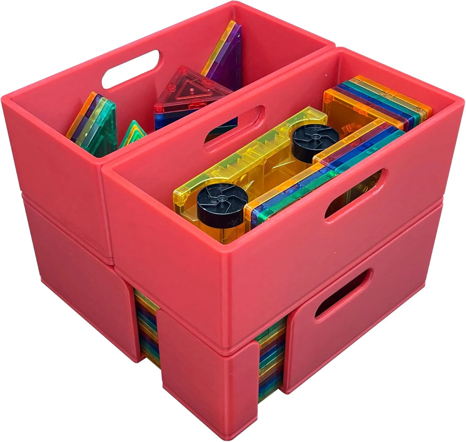 Magnetic Tile Storage - Starter Stack, Storage System, Standard Sorter with (2) Half Buckets, Organizer, Bin, Kids, Toys (Red)