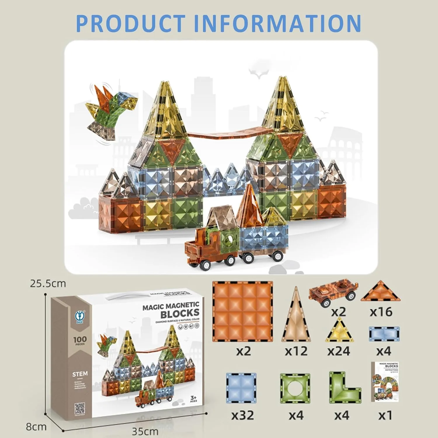 Magnetic Tiles 100 Pcs Set for Kids 3D Magnet Building Blocks Educational STEM Toys for Kids Preschool (100 PCS)