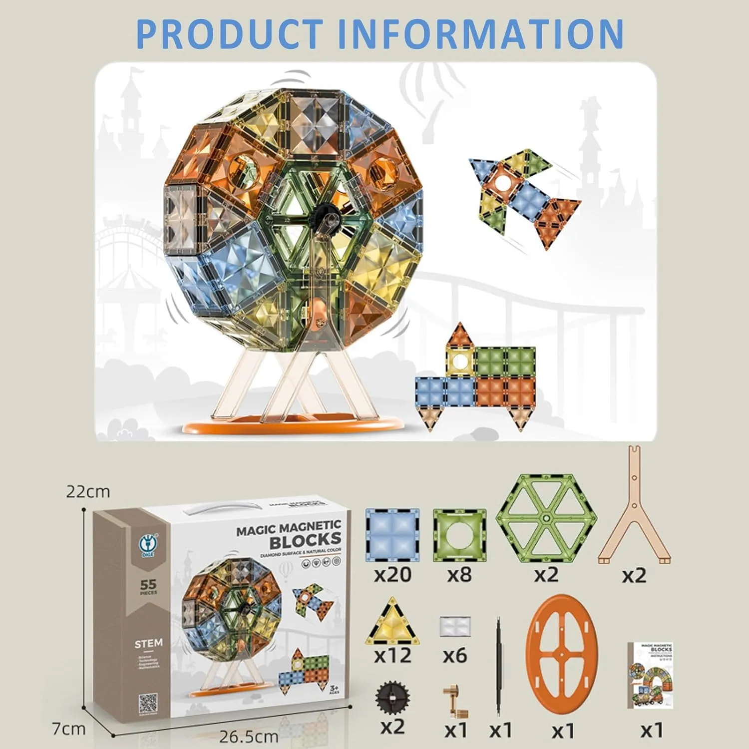 Magnetic Tiles 55 Pcs Set for Kids 3D Magnet Building Blocks Educational STEM Toys for Kids Preschool (55 PCS)