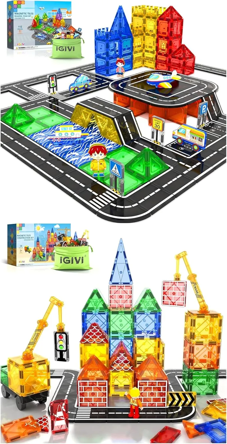 Magnetic Tiles Road Se twith Magnet Crane Car Toys, Construction Toys for Kids Ages 3-5 4-8 5-7, Creative Gifts for Toy Car Enthusiasts